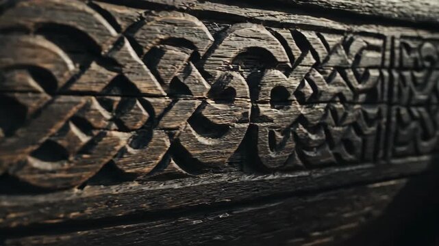 Exploring Intricate Carvings on an Old Wooden Viking Ship in Norway