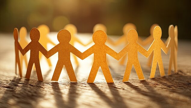 Circle of paper cut-out figures holding hands on wooden surface, celebrating unity