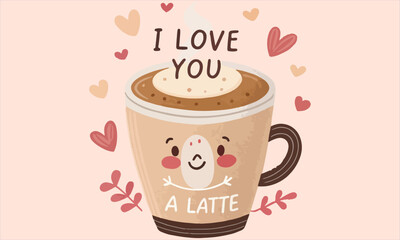Adorable coffee-themed love illustrations with the phrase “I Love You a Latte.” Perfect for Valentine’s Day cards, romantic gifts, café art, stickers, and social media posts.