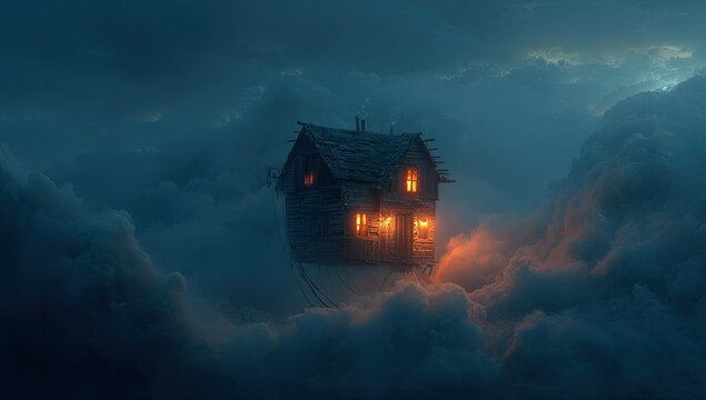 An aged wooden house hovers amidst ethereal, illuminated clouds with glowing windows, nighttime