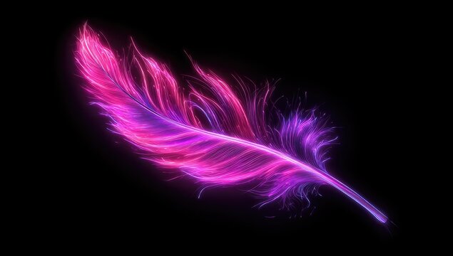 A luminous feather with pink and purple glow against a black background