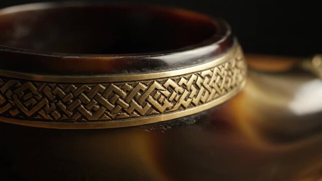 Close up of Ornamented Brown Smoking Pipe With Gold Colored Celtic Pattern Border