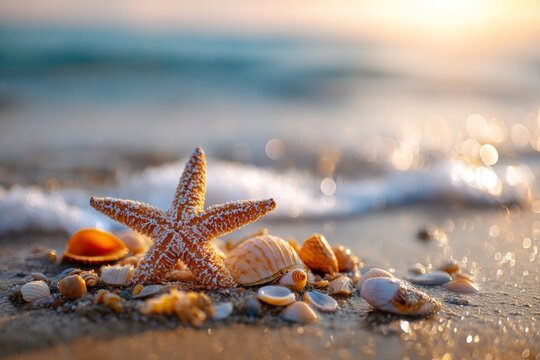 Starfish amidst seashells on sandy beach ocean bokeh background