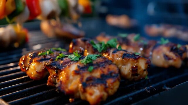 Grilled chicken and vegetable skewers on bbq close up cooking food
