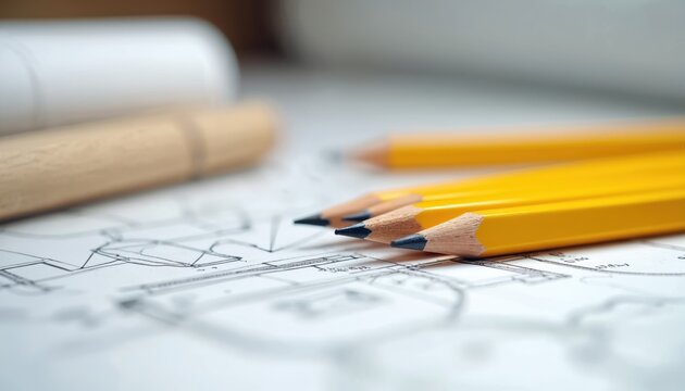 Yellow pencils lie on architectural blueprint plans for construction project. Architects draft new building designs and structures on paper sheets. Detailed planning for future.