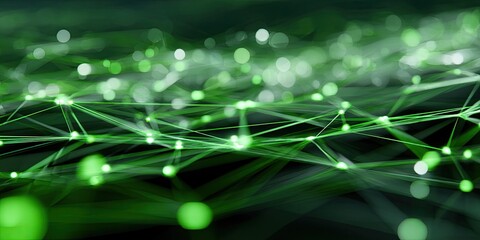 An abstract digital art piece featuring a network of glowing green lines and nodes against a dark background