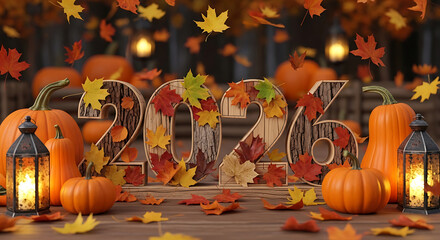 Autumnal display with pumpkins lanterns and fall leaves