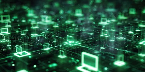 A network visualization, rendering interconnected, glowing, laptop-like icons on a dark background