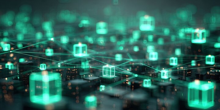 Abstract digital landscape with glowing turquoise cubes and interconnected lines, blurred bokeh background
