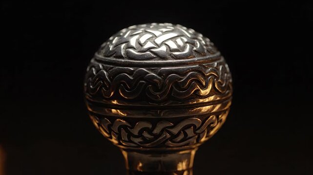Close up of Silver Walking Stick With Celtic Knot Design