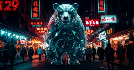 Giant reflective bear sculpture in bustling city street with neon signs
