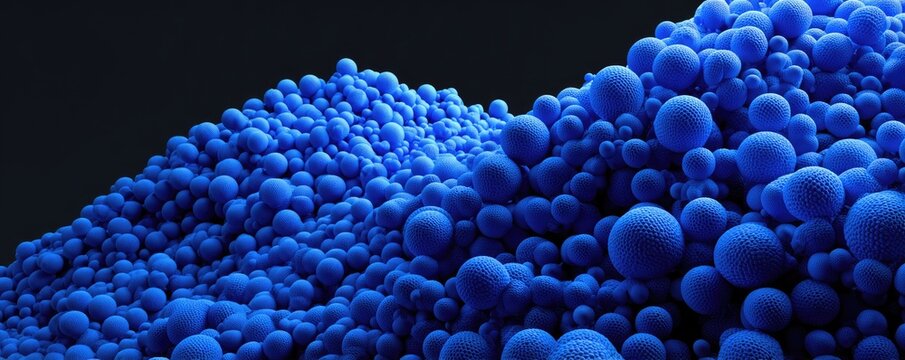 Abstract image featuring a large cluster of blue spherical shapes on a dark background, softly lit