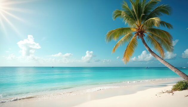 Tropical beach with palm tree on white sand and turquoise sea water under blue sky. Summer landscape banner for travel agency. Relaxing place with sunshine for holiday vacation ad.