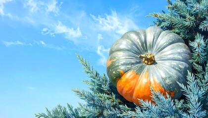 A Colorful Pumpkin on a Blue Spruce with a Beautiful Sky Background