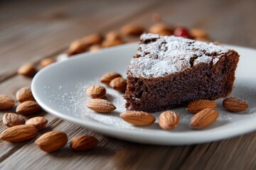 Iced brownie on white plate surrounded by almonds sitting on a wooden table