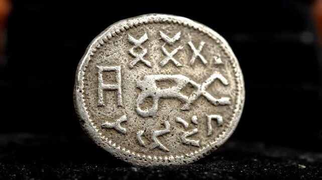 Examining Ancient Silver Coin Featuring Animal and Inscription at Daytime