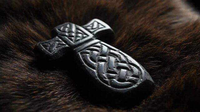 Close up of a Thor's Hammer Pendant Resting on Dark Brown Fur, Shows Intricate Celtic Knot Details
