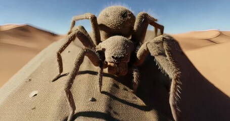 Giant spider crawling on a desert dune under a clear blue sky