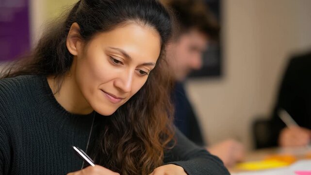 A thoughtful woman concentrates on brainstorming ideas with sticky notes, illustrating creative thinking and problem-solving in a professional environment, reflecting determination.