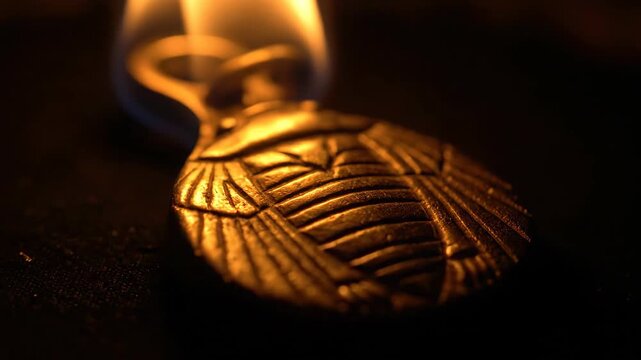 Golden Scarab Pendant Flames On A Dark Surface - Burning Ancient Egypt Artifact