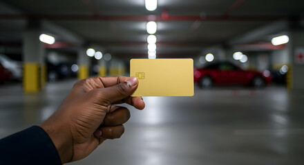Hand holding gold card for parking payment in empty garage