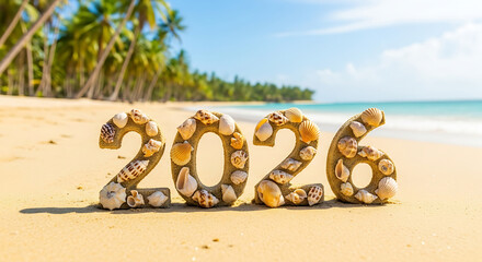 Happy new year 2026 written with seashells on a tropical beach