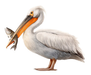 A white pelican with a fish in its beak, isolated on transparent background