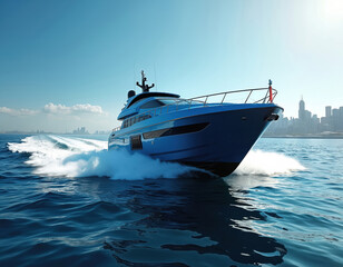 Blue yacht moves across ocean near city. Modern vessel sails fast leaving foamy wake. Boat glides in blue water. Luxury cruise travel on sea at sunny day.