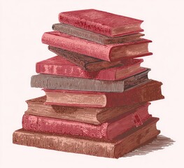 A stack of aged books in varying reddish-brown tones, with detailed textures and aged paper