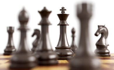 Black chess pieces on a chessboard. 3D rendering.