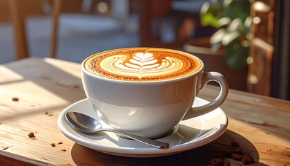 A Delicious Latte with Artistic Foam Design on a Wooden Table in Sunlight