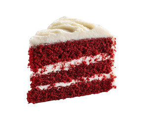 A delicious slice of red velvet cake with creamy white frosting and a sprinkle of red crumbs isolated on transparent background