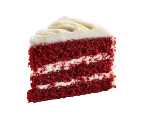 A delicious slice of red velvet cake with creamy white frosting and a sprinkle of red crumbs isolated on transparent background