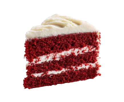 A delicious slice of red velvet cake with creamy white frosting and a sprinkle of red crumbs isolated on transparent background