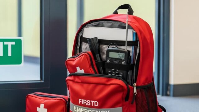 Red emergency backpack with first aid supplies and equipment inside.