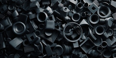 A dark, abstract composition of numerous irregularly shaped, matte grey components