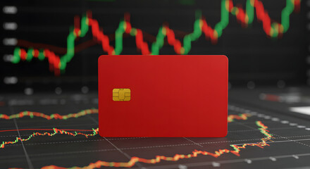 Red credit card on stock market chart background with data indicators  