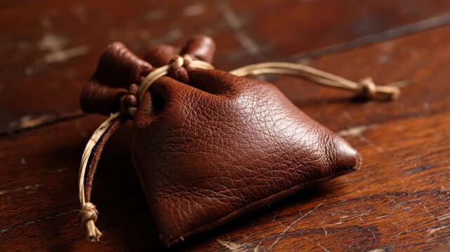 Small Brown Leather Pouch Sits on an Old Wooden Tabletop