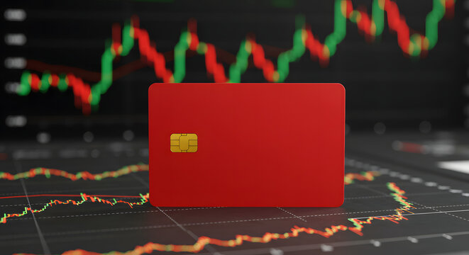 Red credit card on stock market chart background with data indicators  
