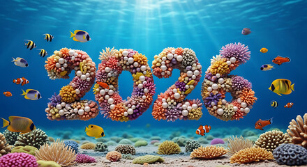 Colorful coral reef forms the number 2026 underwater scene