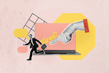 3d zine creative image art collage of puzzled businesswoman businessman stand laptop device hand...