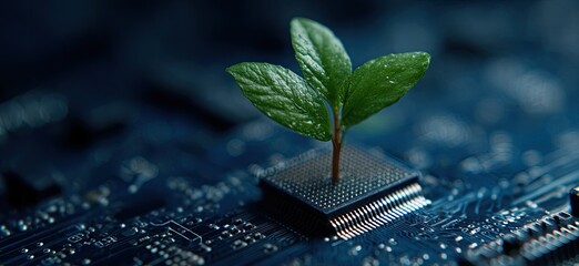 A close-up image of a plant sprouting from a microchip, set against a dark, blurred background