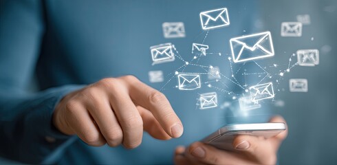 A person holding a phone, interacting with floating email icons and interconnected lines
