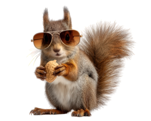 Funny red squirrel with cool sunglasses holds peanut looking very confident. This humorous rodent animal character isolated for creative concepts and stylish wildlife