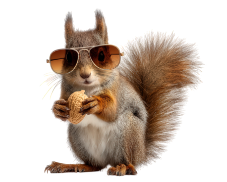 Funny red squirrel with cool sunglasses holds peanut looking very confident. This humorous rodent animal character isolated for creative concepts and stylish wildlife