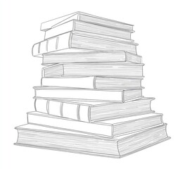 Hand-drawn grayscale sketch of a tall, slightly slanted stack of various-sized books