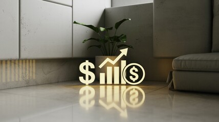 Modern interior with financial growth symbols and a plant.