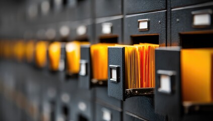 Close-up of a row of open file cabinets holding glowing yellow files, in a dark setting
