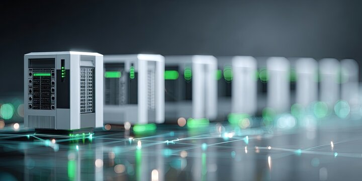 Render of server cabinets in a row, with glowing green lights and interconnected data lines - Powered by Adobe