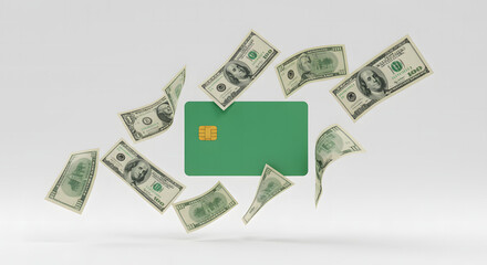 Floating green credit card surrounded by flying dollar bills  
